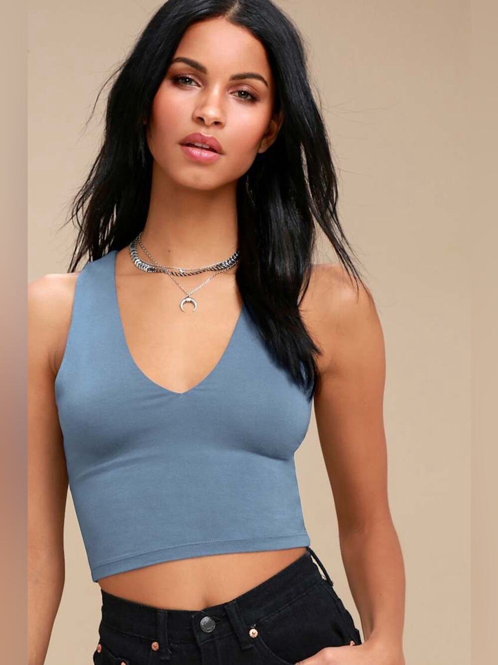 Lulus Basics Feel Like Dancing Denim Blue Crop Top - Size S NWT